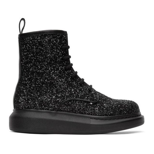 Alexander McQueen Black Glitter Combat Boot