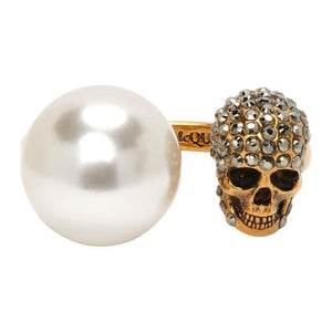 Alexander McQueen Gold Pearl and Skull Ring