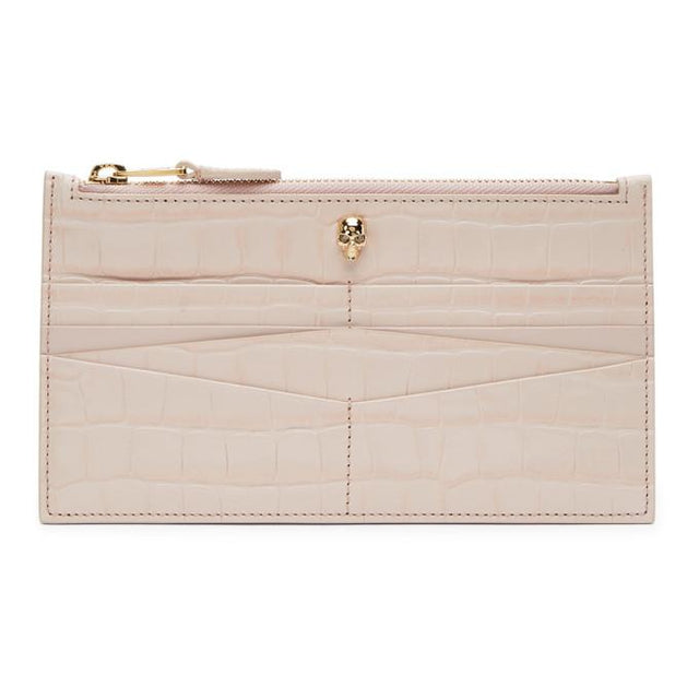 Alexander McQueen Pink Croc Skull Flat Zip Wallet