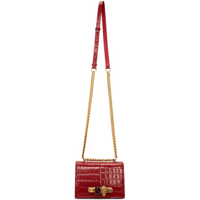Alexander McQueen Red Small Croc Jewelled Satchel Bag