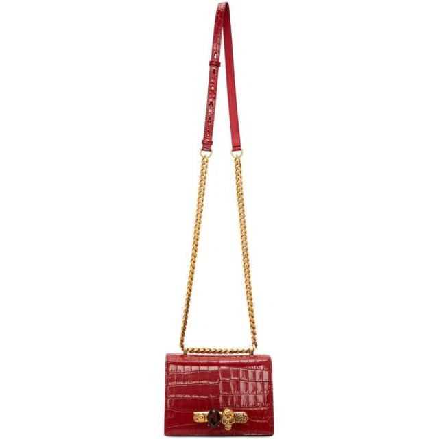 Alexander McQueen Red Small Croc Jewelled Satchel Bag