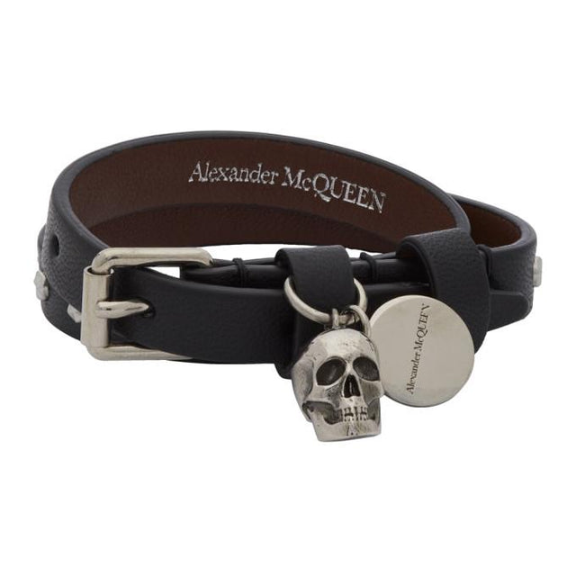 Alexander McQueen Silver Skull and Studs Double-Wrap Bracelet