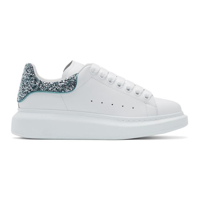 Alexander McQueen White and Blue Glitter Oversized Sneakers