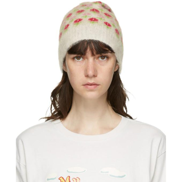 Ashley Williams White Mohair Flower Beanie