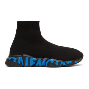 Balenciaga Black and Blue Graffitti Sole Speed High-Top Sneakers
