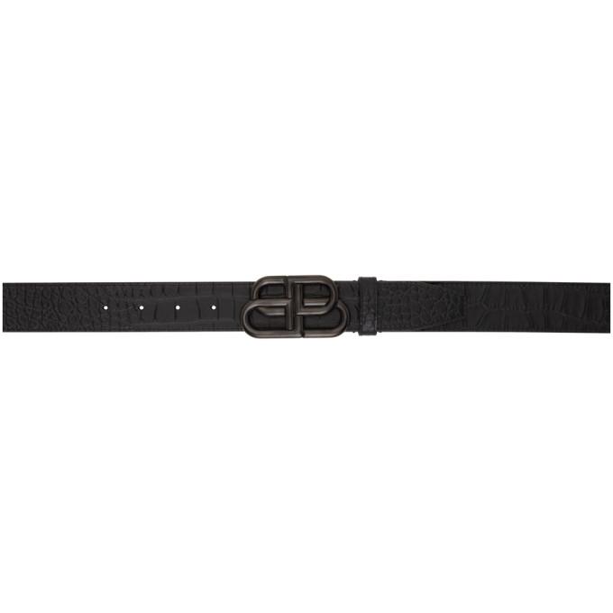 Balenciaga Black and Gunmetal Croc Large BB Buckle Belt