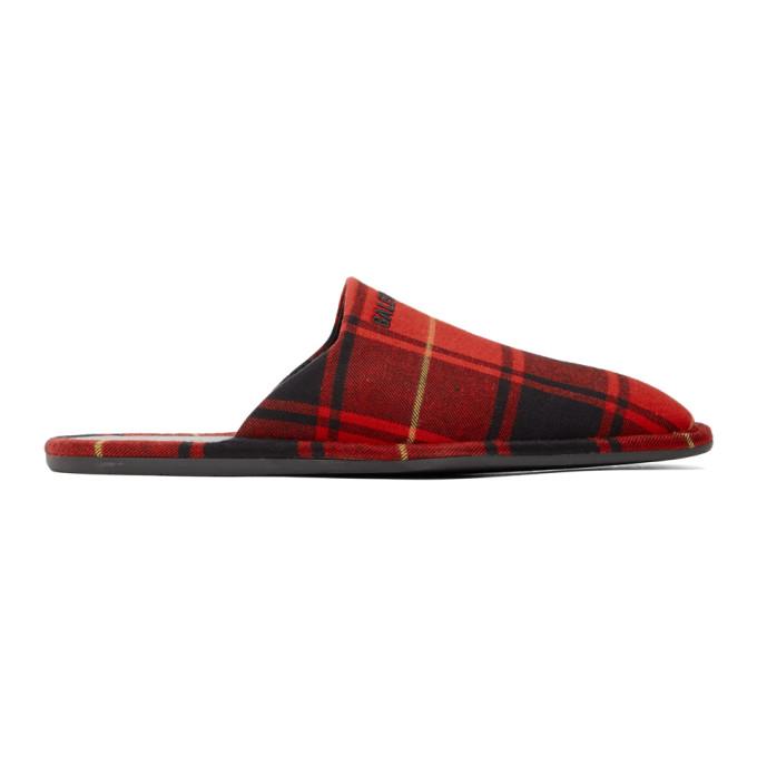 Balenciaga Red and Black Tartan Cosy Mules