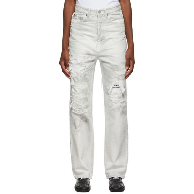Balenciaga White and Grey Ripped Patch Jeans