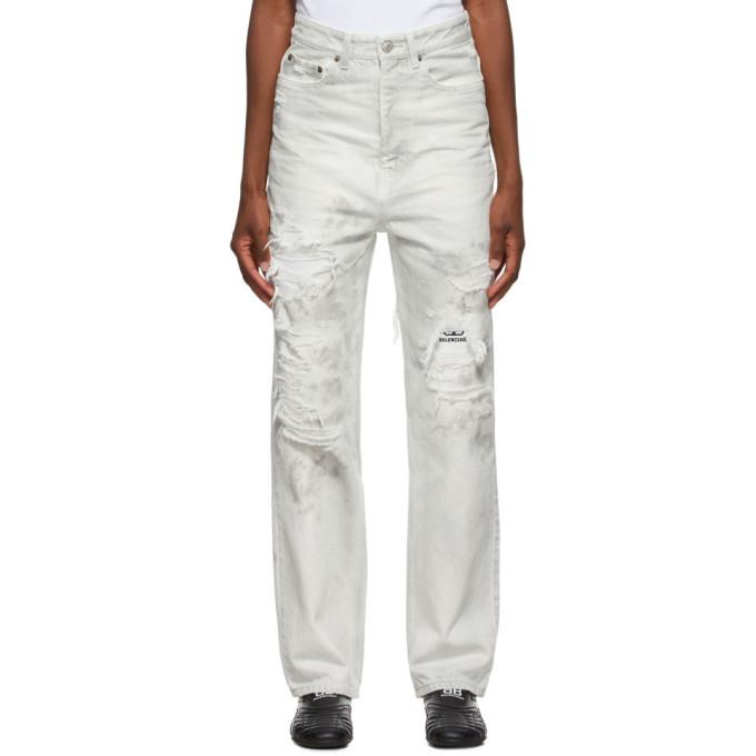 Balenciaga White and Grey Ripped Patch Jeans