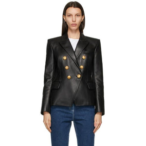 Balmain Black Leather Double-Breasted Jacket