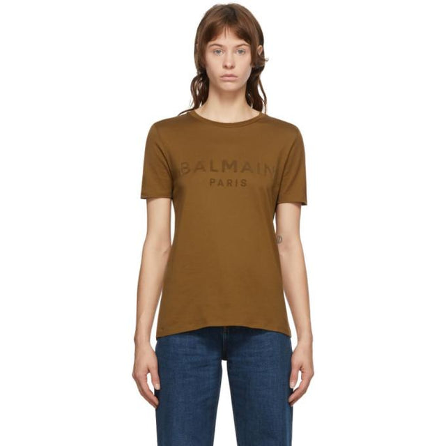 Balmain Brown Flocked Logo T-Shirt