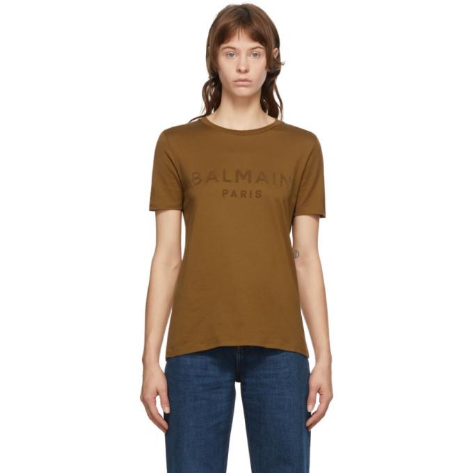 Balmain Brown Flocked Logo T-Shirt