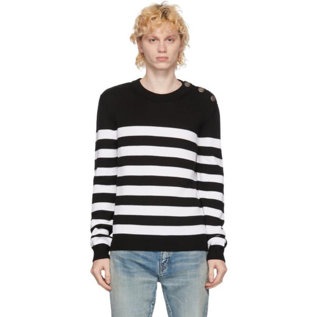Balmain White and Black Wool Nautical Sweater