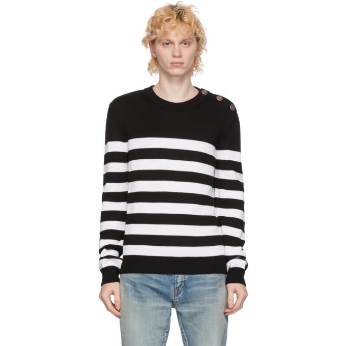 Balmain White and Black Wool Nautical Sweater