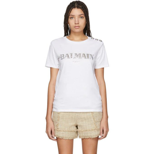 Balmain White Metallic Logo T-Shirt