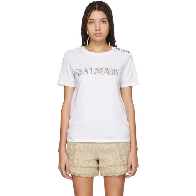 Balmain White Metallic Logo T-Shirt