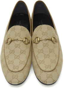 Gucci Beige Canvas GG Jordaan Loafers - Gucci beige toile gg jordaan mocassins - 구찌 베이지 캔버스 GG Jordaan Loafers.