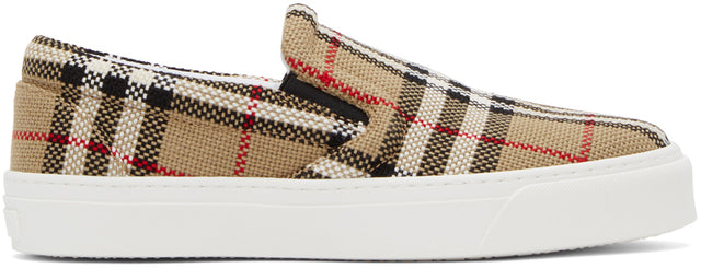 Burberry Beige Check Bio-Based Sole Latticed Slip-On Sneakers