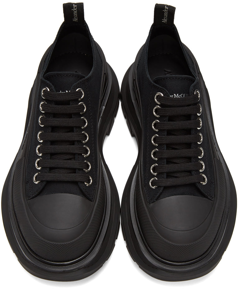Alexander McQueen Black Canvas Tread Slick Platform Low Sneakers - Alexander McQueen Noir Sandonnière Slick Plate-forme Slick Plate-forme Bases basse - Alexander McQueen 블랙 캔버스 트레드 슬릭 플랫폼 낮은 스니커즈