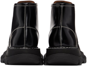 Alexander McQueen Black Contrast Stitch Tread Lace-Up Boots