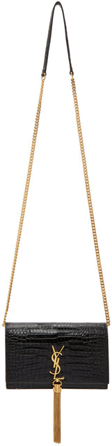 Saint Laurent Black Croc Kate Tassel Chain Wallet Bag