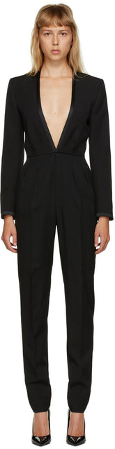 Saint Laurent Black Deep V-Neck Jumpsuit
