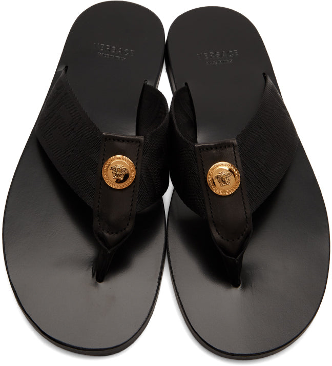 Versace Black Greca Flip Flop Sandals