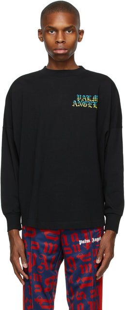 Palm Angels Black Hue Gothic Logo Long Sleeve T-Shirt - T-shirt à manches longues à manches longues à manches longues - 팜 천사 검은 색조 고딕 로고 긴 소매 티셔츠
