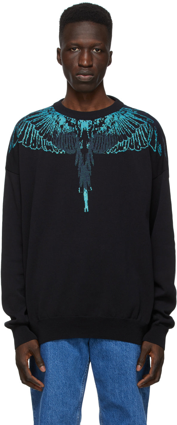 Marcelo Burlon County of Milan Black Jacquard Wings Sweater - Marcelo Burlon County of Milan Black Jacquard Wings Pull - Marcelo Burlon County of Milan Black Jacquard Wings 스웨터