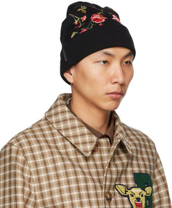 Burberry Black Merino Embroidered Rose Beanie