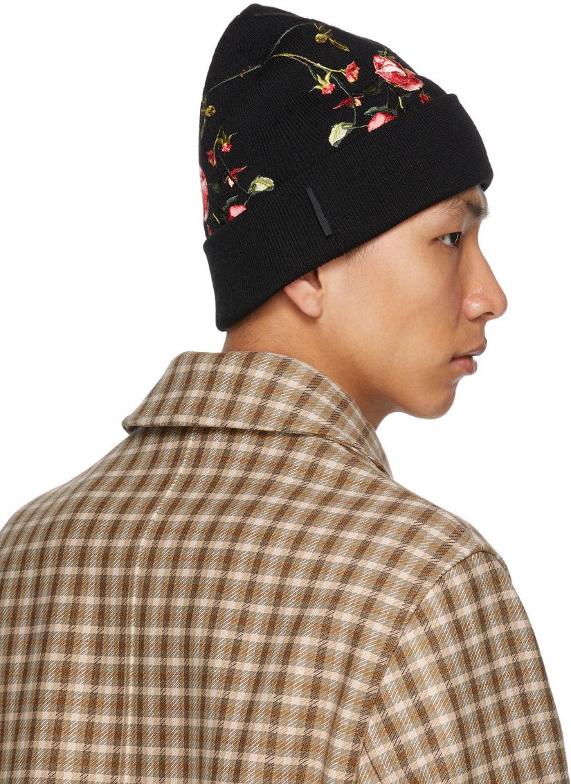 Burberry Black Merino Embroidered Rose Beanie