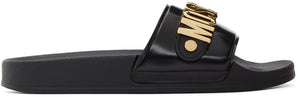 Moschino Black Metallic Logo Pool Slides