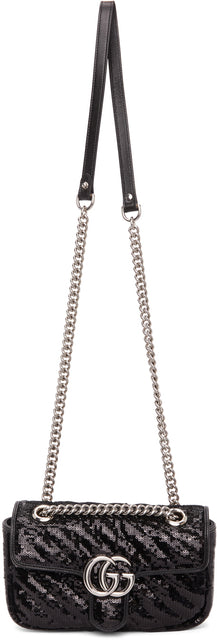 Gucci Black Sequin Mini GG Marmont Shoulder Bag - Gucci Noir Sac à bandoulière Mini GG Marmont - 구찌 블랙 스팽글 미니 GG Marmont 숄더 ​​백