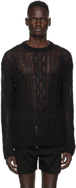 TAKAHIROMIYASHITA TheSoloist. Black Wool Aran Sweater - Takahiromiyashita thesolois. Pull d'aran de laine noire - Thesoloist 타카 하이로미 야시타. 검은 양모 아란 스웨터
