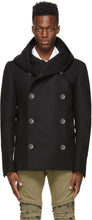 Balmain Black Wool Hooded Pea Coat - Manteau de pois à capuche en laine noire Balmain - Balmain 검은 양모 후드 완두콩 코트