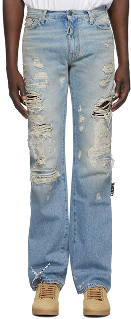 Off-White Blue Bleached Distress Jeans - Jean de détresse blanchi bleu blanc blanc - off-white 푸른 표백 된 조난 청바지