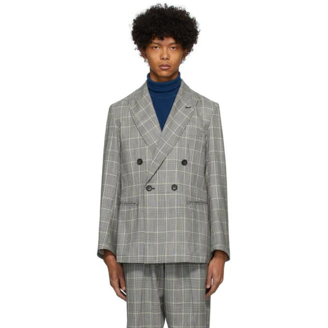 Blue Blue Japan Black and White Kasuri Wool Glen Check Double Breasted Dud Jacket