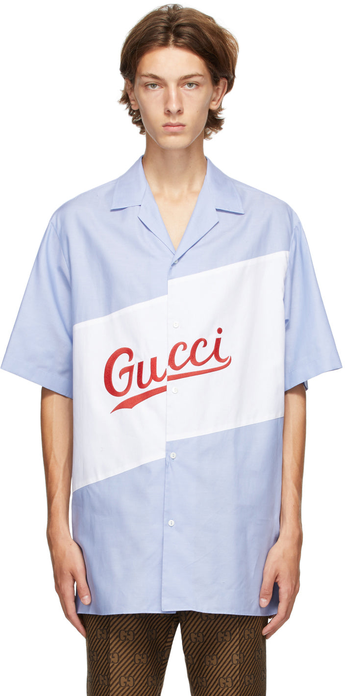 Gucci Fil Coupe Multi Symbol Bowling Shirt Blue Light blue Cotton  ref.384808 - Joli Closet