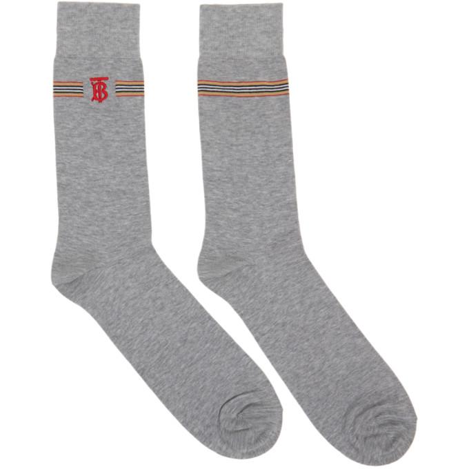 Burberry Grey Embroidered TB Monogram Stripe Socks