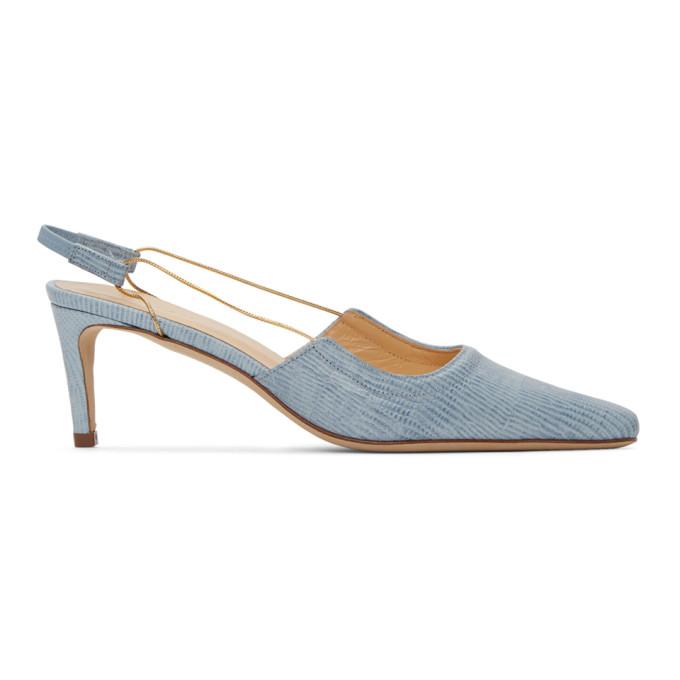 BY FAR Blue Lizard Embossed Slingback Heels