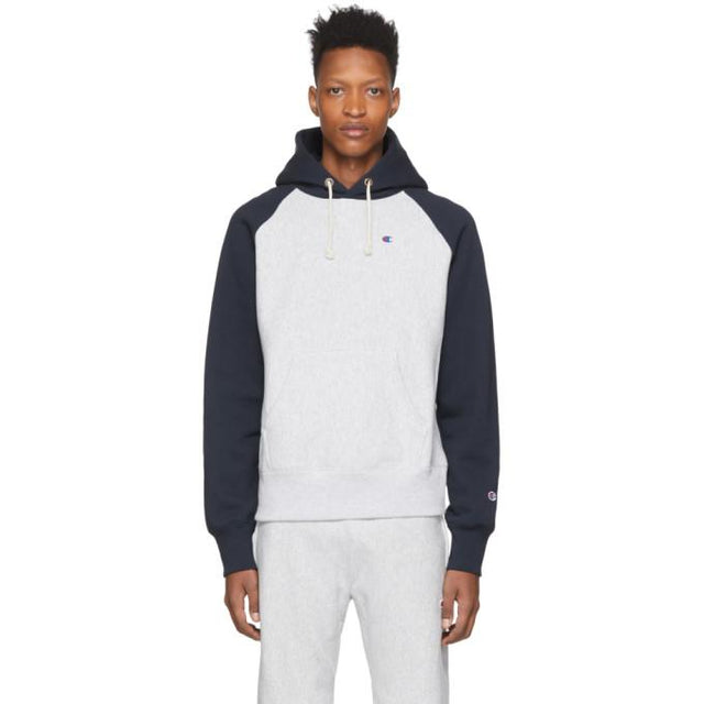Champion Reverse Weave Grey and Navy Bicolor Script Hoodie