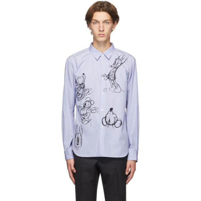 Comme des Garcons Homme Deux Blue and White Striped Mickey Mouse Shirt