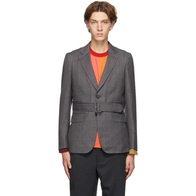 Comme des Garcons Homme Deux Grey Wool Check Belted Blazer