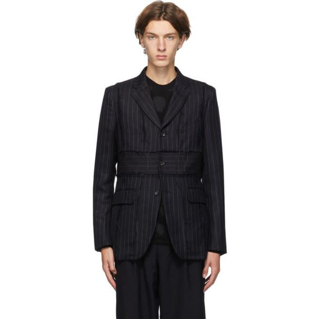 Comme des Garcons Homme Deux Navy Pinstripe Frayed Seams Blazer