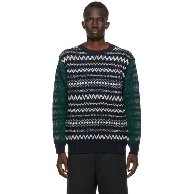 Comme des Garcons Homme Navy and Green Wool Jacquard Sweater