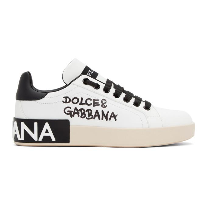 Dolce and Gabbana White and Black Logo Portofino Sneakers