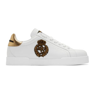 Dolce and Gabbana White and Gold Crest Portofino Sneakers