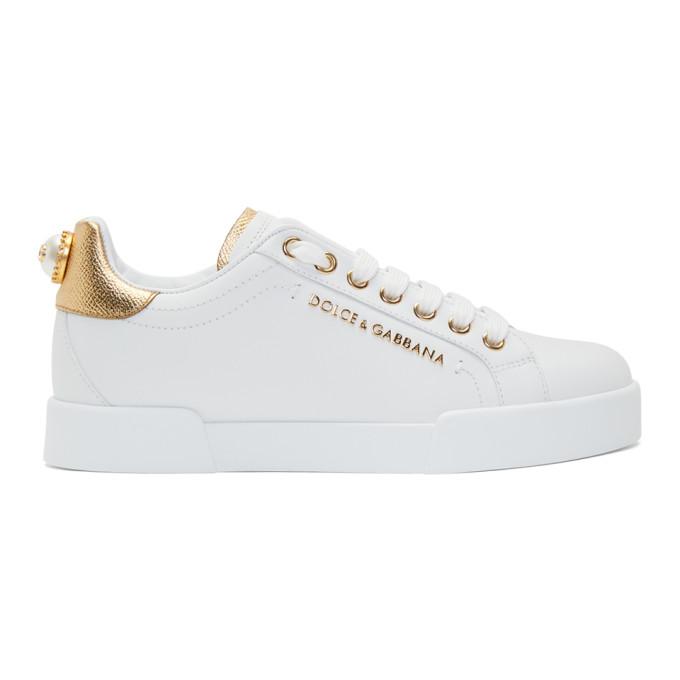 Dolce and Gabbana White and Gold Pearl Portofino Sneakers