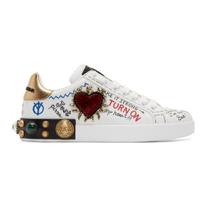 Dolce and Gabbana White Heart Graffiti Portofino Sneakers