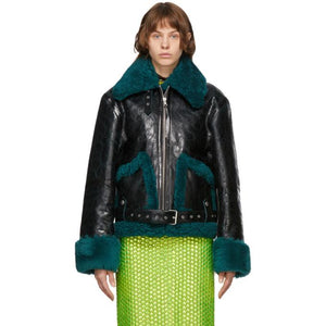 Dries Van Noten Black and Green Leather Sherpa Jacket